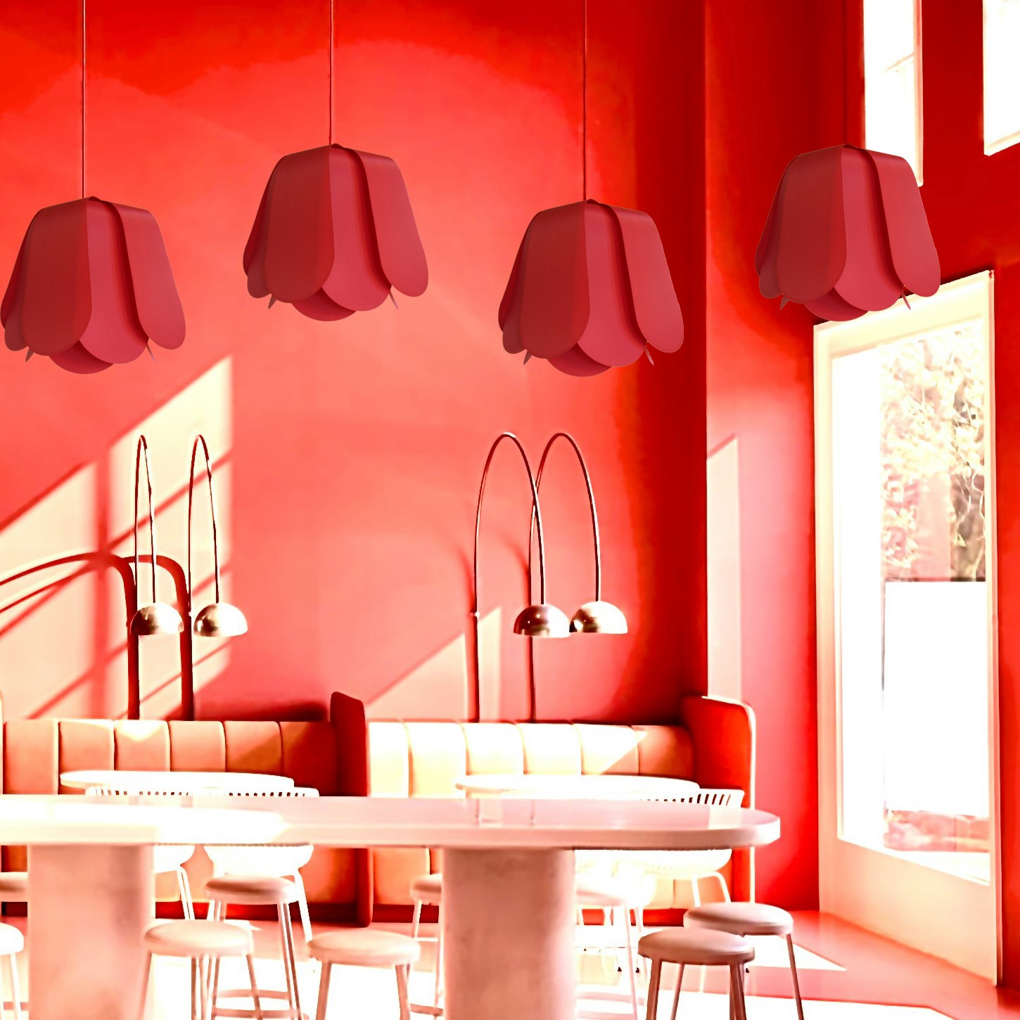 Intérieur design pour restaurant avec des lampes rouges Tulipe faite en toile recycler d'ULM
